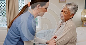 Medical, old woman and nurse check plaster for healthcare treatment or arm with cure for disease and smile. Senior