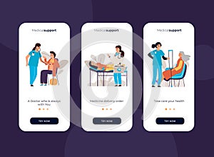 Medical onboard screen. Mobile app UI with blood donation, doctor appointment and examination scenes. Vector screens set