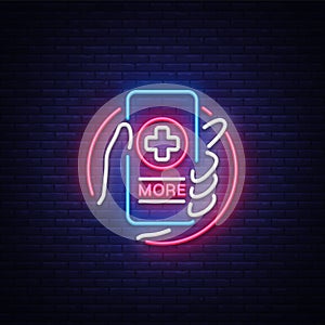 Medical Online neon sign design template. Medical Online neon emblem, light banner. Online consultation. Smartphone in