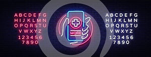 Medical Online neon sign design template. Medical Online neon emblem, light banner. Online consultation. Smartphone in