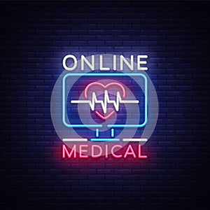 Medical Online neon sign design template. Medical Online neon emblem, light banner. Online consultation. Vector