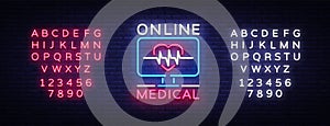 Medical Online neon sign design template. Medical Online neon emblem, light banner. Online consultation. Vector