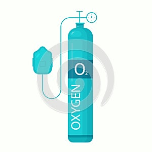 Medical Oxygen tank with face mask in style cartoon. Illustration isolated on white. In green colors
