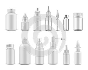 Medical packaging white realistic mockups set. Phial, jar, spray, vial, dropping bottle, flask.