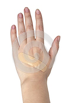 Medical patch plaster on woman hand isolated on the white background