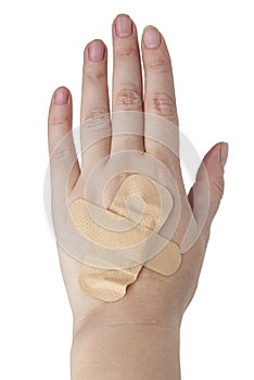 Medical patch plaster on woman hand isolated on the white background