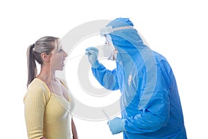 Medical pathologist swabbing a patient for an infectious virus or disease