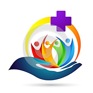 Medical people care globe world family health cross clinic wellness concept logo icon element sign on white background