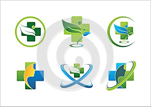 Medical pharmaceutical health logo wellness people green leaf healthy symbol set vector design