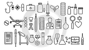 Medical pharmaceutical large set of medical items of simple black and white icons a white background: pills, thermometers, doctor