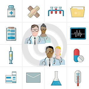 Medical and pharmaceutical or pharma icons. Thermometer, tablets and pills, drug, cardiogram, syringe, folder and documents.