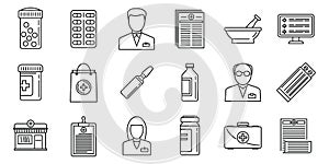 Medical pharmacist icons set, outline style