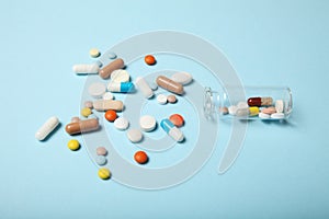 Medical pharmacology addiction. Antidepressant, antibiotic, antioxidant, aspirin pills