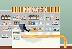 Medical pharmacy or drugstore interior design. Chemist or apothecary, dispensary and clinical, ambulatory or community