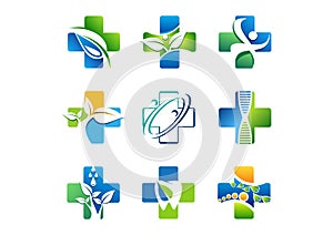 Medical pharmacy logo, health medicine icons, symbol natural herb vector design
