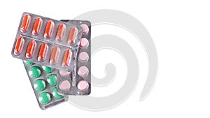 medical pills in blister isolated on white background. copy space, template