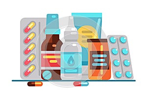 Medical pills and bottles. Healthcare, medication, pharmacy or drugstore vector concept