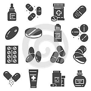 Medical Pills capsules and bottles icons set