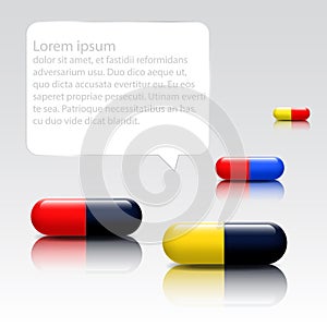 Medical pills colors with reflection shadow and bubble for text