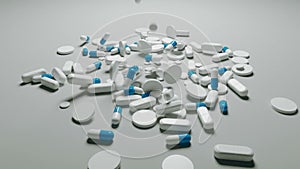 Medical pills falling down. Medicine concept. Treatment many coloured capsules, tablets, pills fall and run around