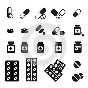 Medical pills icons set. Icons such as tablet, capsule, pill, medicine, medical bottle.