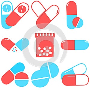 Medical pills icons set. Medicine, pharmacy, hospital set of drugs. Medication, pharmaceutics concept. Vector illustration. Drugs