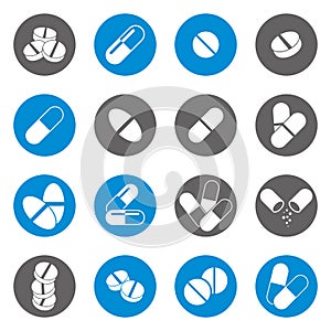 Medical pills icons set, vector collection.