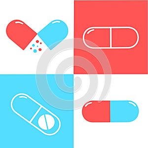 Medical pills icons set on the white, blue, and red background. Medicine, pharmacy, hospital set of drugs. Medication, pharmaceuti