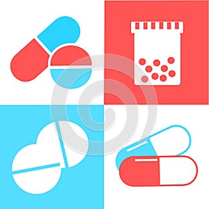 Medical pills icons set on the white, blue, and red background. Medicine, pharmacy, hospital set of drugs. Medication, pharmaceuti