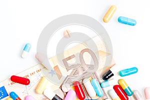 Medical pills over fifty euro banknote