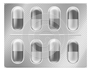 Medical pills pack. Realistic capsules metal blister