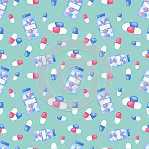 Medical pills seamless background. Pharmacy pattern. Colorful pills, tablets and capsules. Vector flat illustration