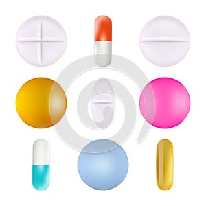 Medical Pills Set, Different Colors On A White Background. Vector Illustration.