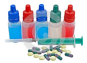 Medical pills, syringe and plastic bottles isolated on white