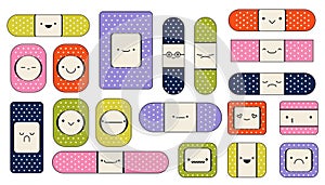 Medical plaster character. Cute cartoon kids bandage and tape with faces and emotions for first aid and emergency