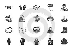 Medical PPE flat icons. Vector illustration included icon as face mask, gloves, doctor gown, hair cover, biohazard waste photo