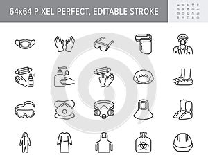 Medical PPE line icons. Vector illustration included icon as face mask, gloves, doctor gown, hair cover, biohazard waste