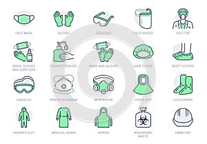 Medical PPE line icons. Vector illustration included icon as face mask, gloves, doctor gown, hair cover, biohazard waste