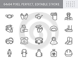 Medical PPE line icons. Vector illustration included icon as face mask, gloves, doctor gown, hair cover, biohazard waste photo