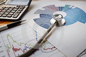 Medical practice financial analysis charts with stethoscope and
