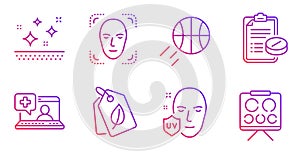 Medical prescription, Basketball and Clean skin icons set. Face detection, Bio tags and Uv protection signs. Vector