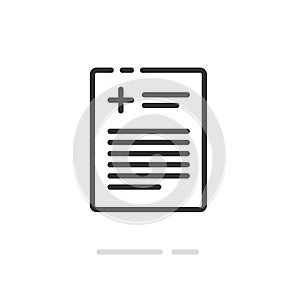 Medical prescription record or patient document vector icon, line outline art clinical paper page form with cross and