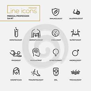 Medical profession simple thin line design icons, pictograms set