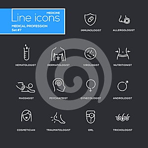 Medical profession simple thin line design icons, pictograms set