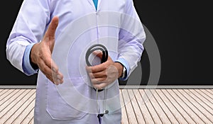 Medical professional doctor hand shake gesture in 3D illustrated room