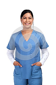 Medical, professional and portrait of a happy female doctor, nurse or surgeon in scrubs. Confidence, smile and face of a