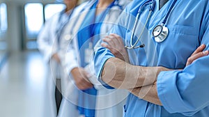 Medical professionals in blue scrubs with crossed arms.