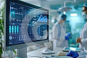 Medical professionals in a modern lab analyzing patient data on computer screens.