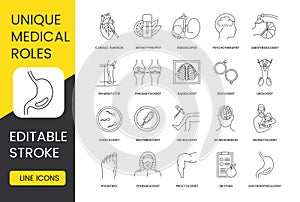 Medical professions icon set in vector, unique medical roles, editable stroke neonatologist and neurosurgeon