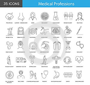 Medical Professions set of line icons in vector includes nephrologist and neonatologist, neurosurgeon and neurologist